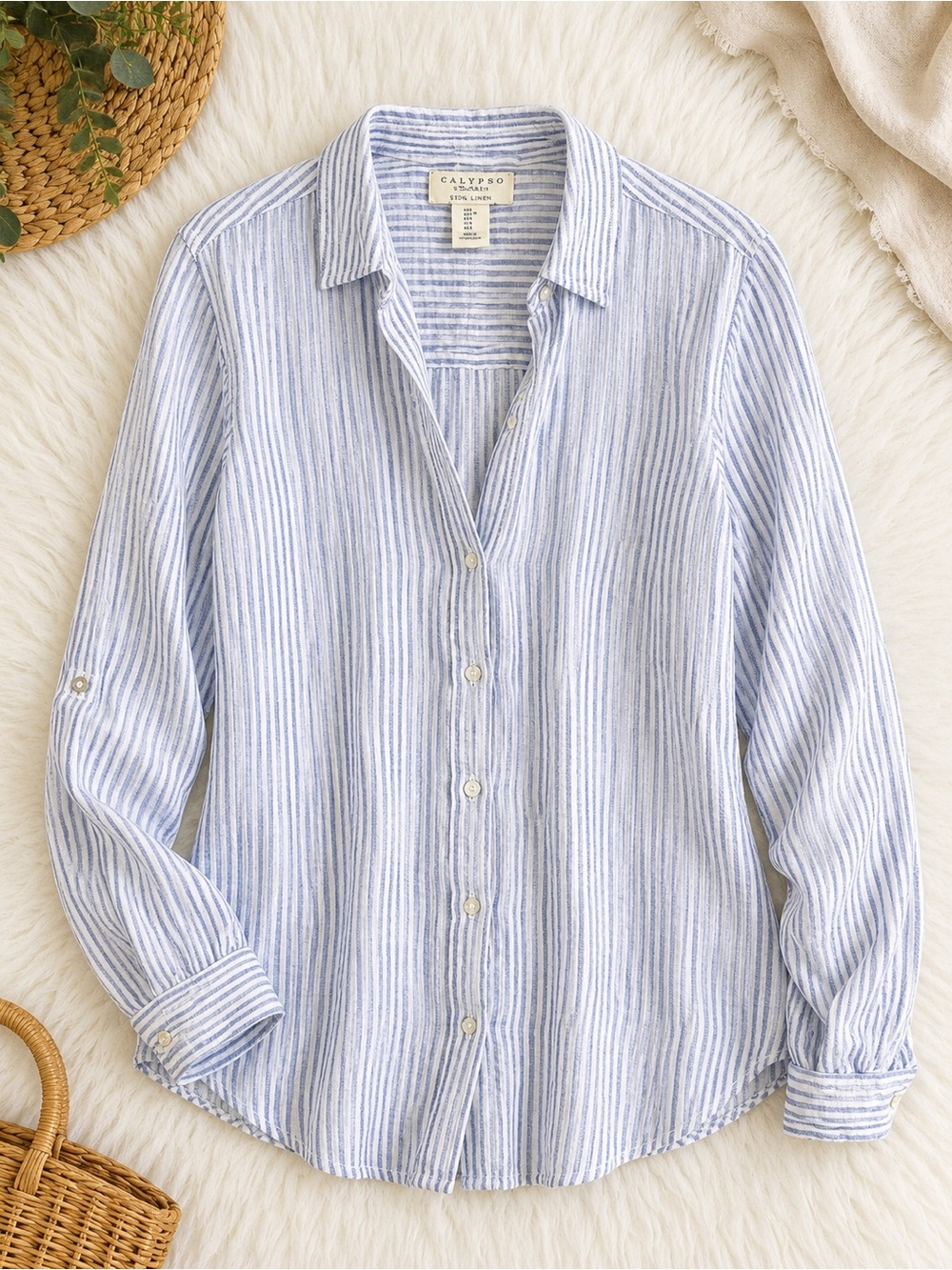 Calypso St. Barth Linen Button Down Shirt Blue White Stripe Large